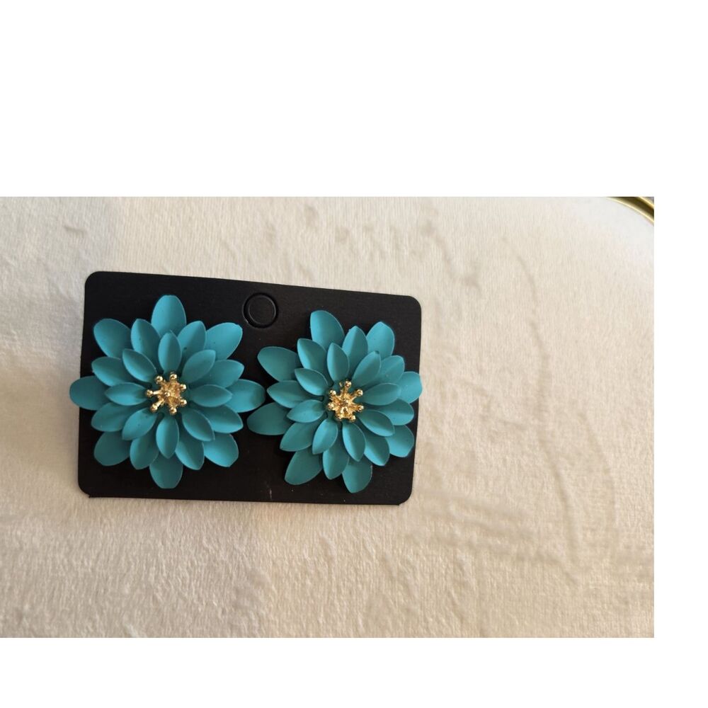 Blue Gold Flower Stud Earrings Metal Floral Jewelry
